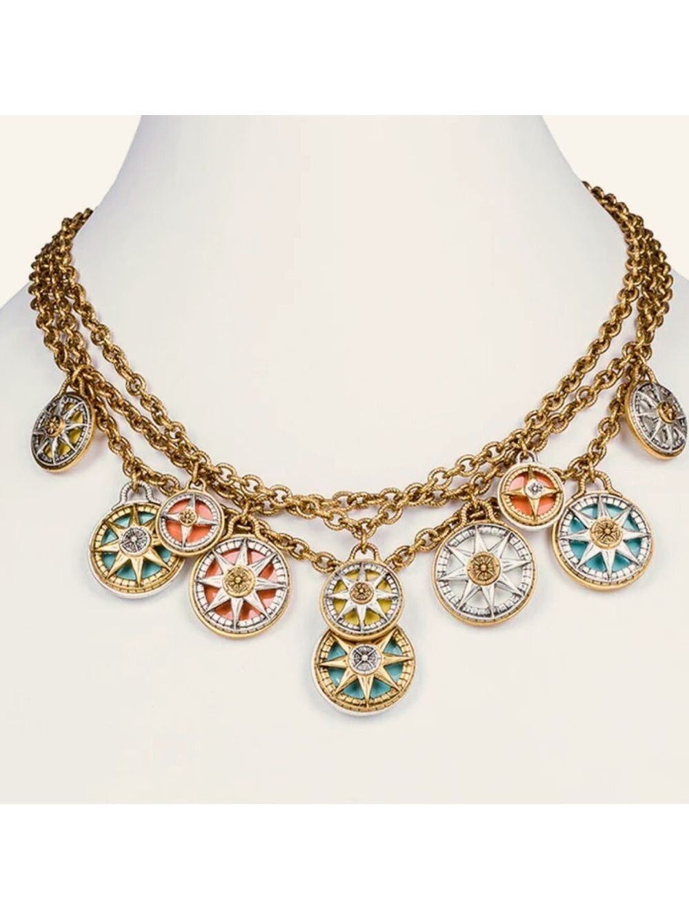 Patricia Nash Colored Compass Triple Chain Charm Necklace New